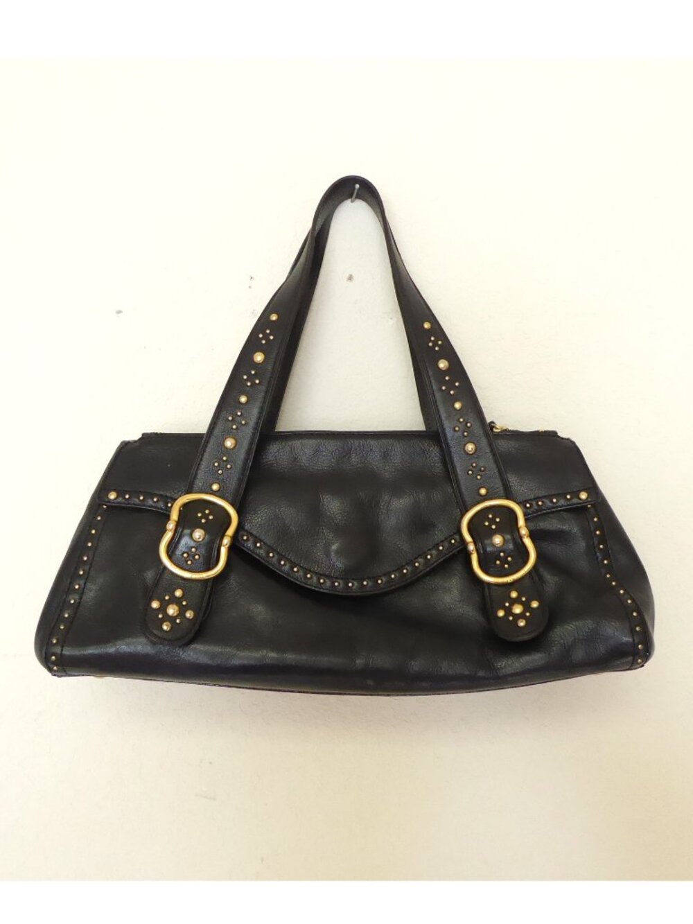 Vintage Y2K Michael Kors black leather gold studded hardware large handbag purse